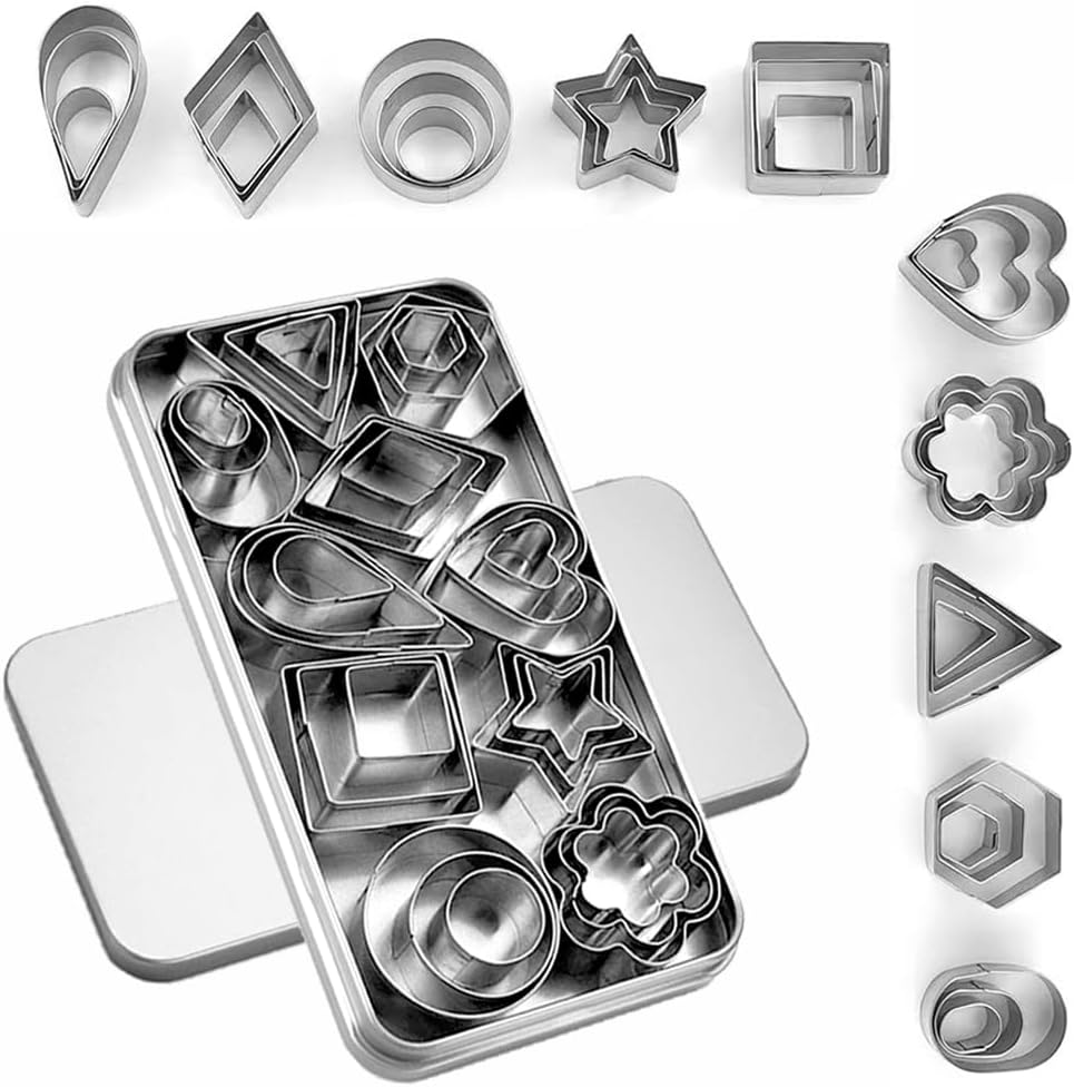 30-Piece Mini Cookie Cutter Set with Storage Box – Stainless Steel Geometric & Fruit Shapes for Cookies, Fondant, Clay, Pastry, Kids’ Baking