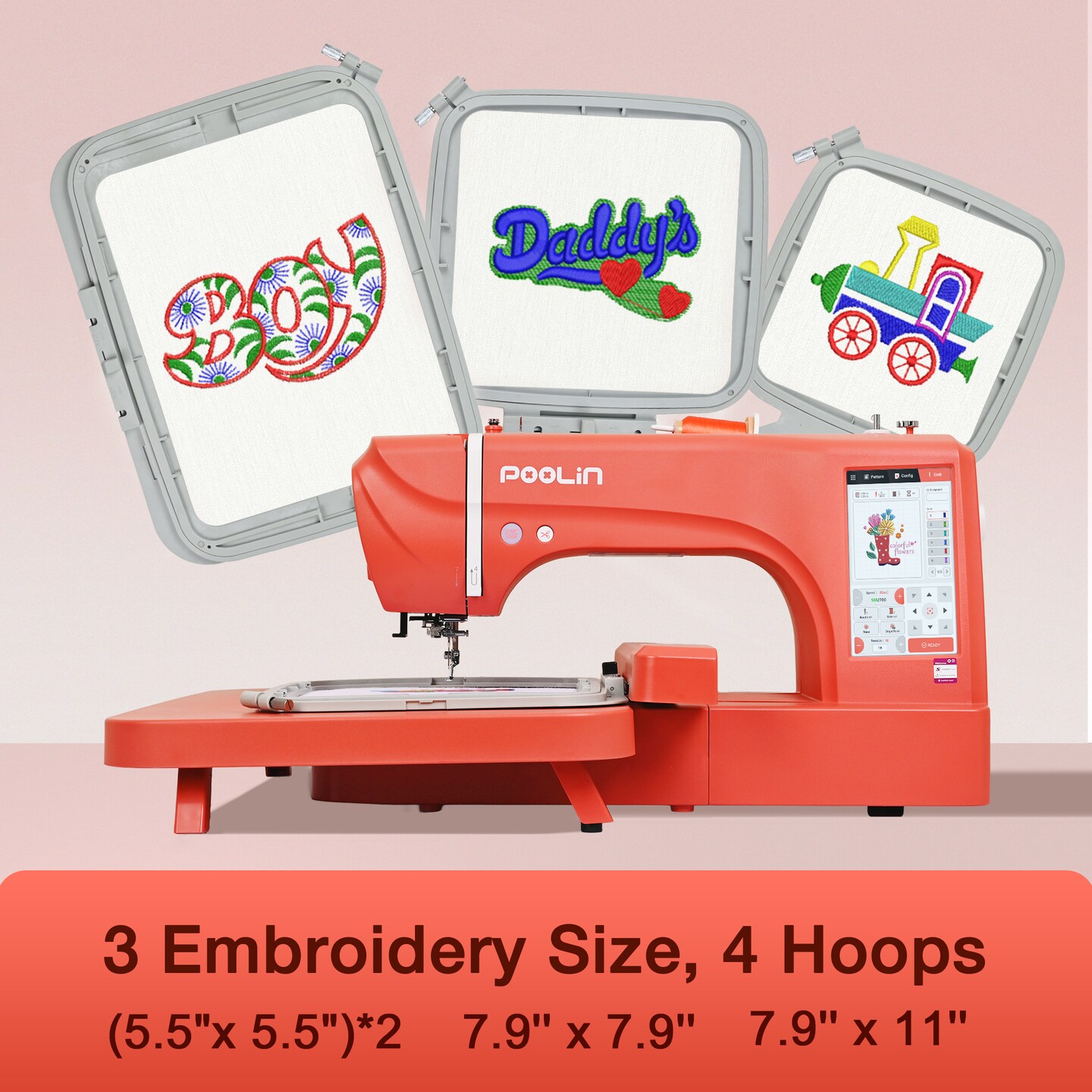 Official Poolin EOC06-RE Computerized Embroidery Machine Bundle with 40 Colors Embroidery Thread – 7.9x11" Large Embroidery Area, 7" LCD Touch Screen, WiFi, Online Digitizing Software, Starter Kit for Home, Business, DIY & Gift
