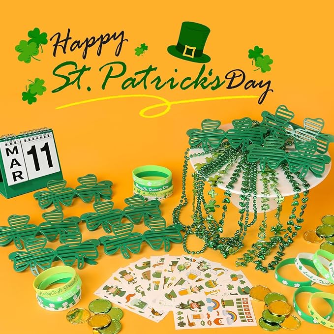 152Pcs St. Patricks Day Accessories Party Favor Set, Shamrock Glasses, Irish Themed Tattoo Stickers, Coins, Bracelets and Necklaces Irish Decor Favors Set for Home Saint Patrick Themed Party Supplies