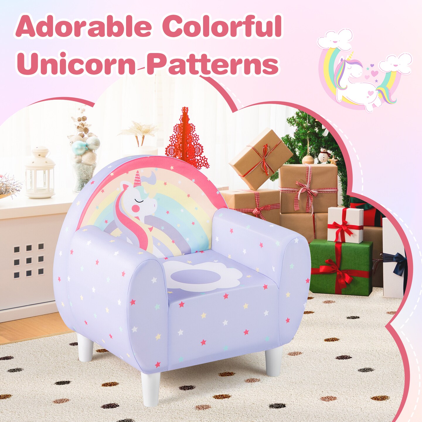 Kids Sofa Unicorn Theme Spandex Fabric Sponge Armrest Kids Chair 3+ Years