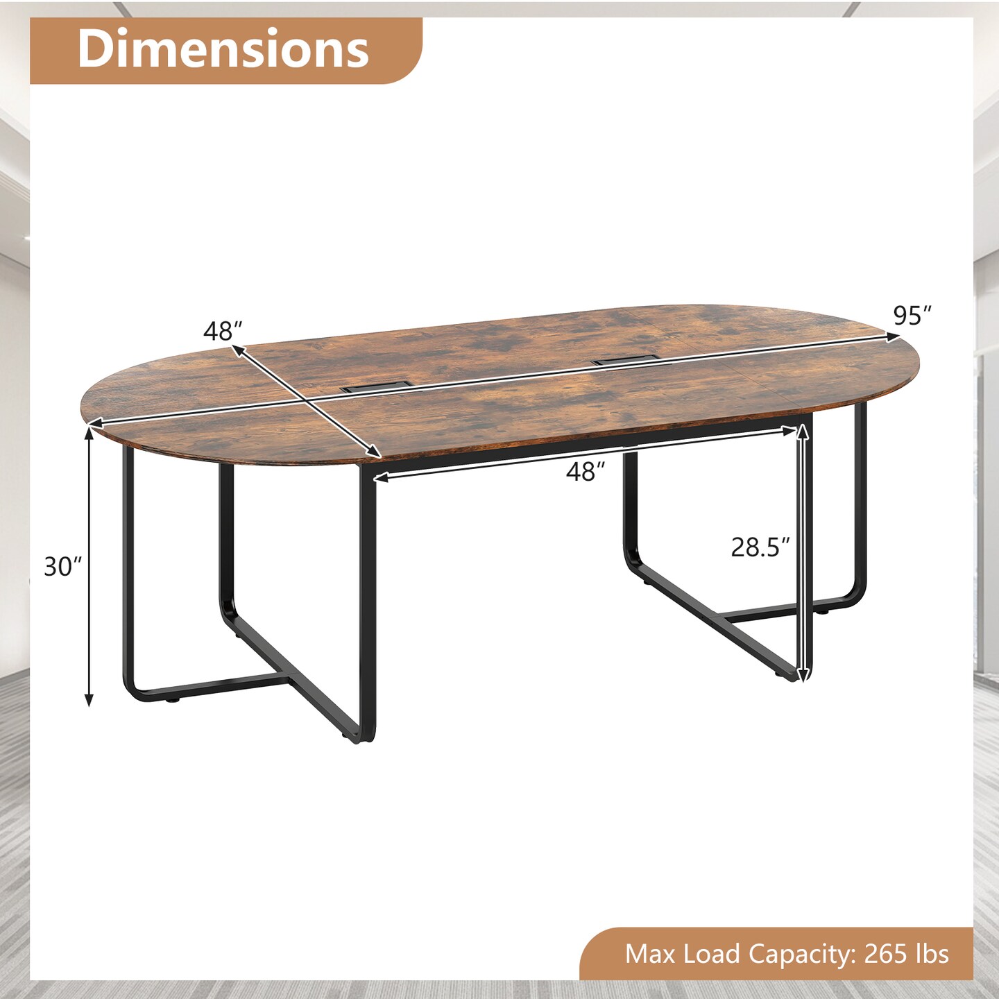 95-Inch Industrial Executive Meeting Table with Cable Management