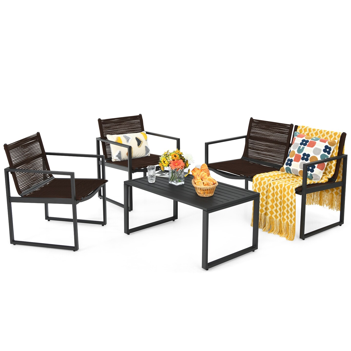 Black-Brown Steel Patio 4-Piece Sofa Set with Loveseat and Coffee Table