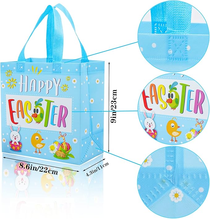6Pcs Easter Non-woven Bags with Handle, Happy Easter Gift Bags for Kids, Treat Bags Rabbit Bunny, Reusable Easter Goodie Bags-Waterproof