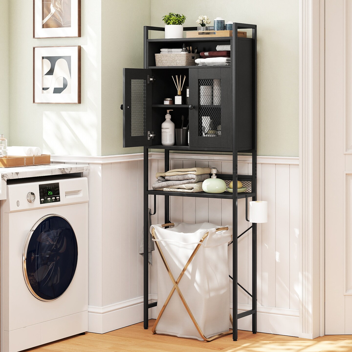 Black Over the Toilet Storage Cabinet with Adjustable Shelf and Metal Frame