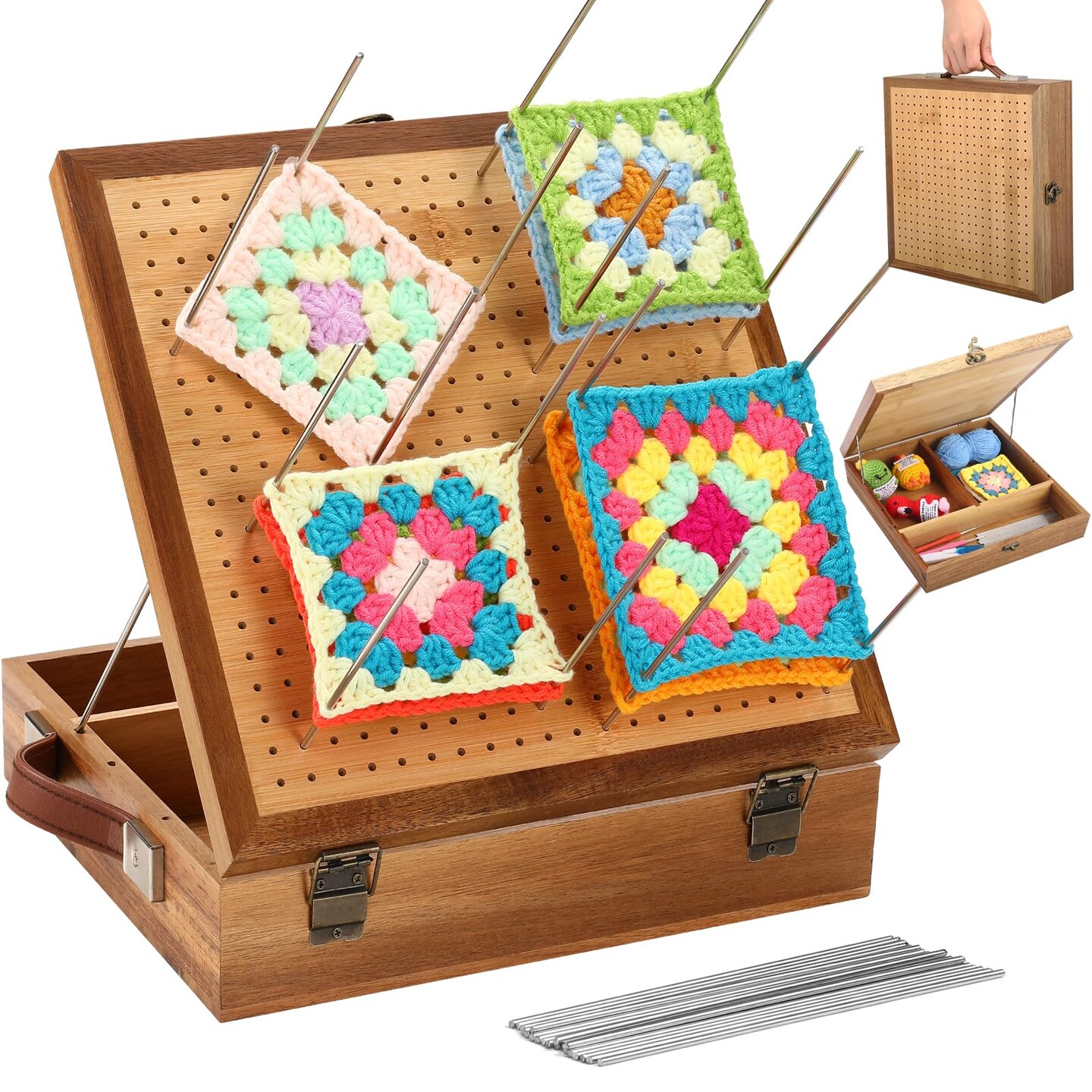 12.0" Crochet Blocking Board with Gift Box & Storage Drawer, Acacia & Bamboo Blocking Boards for Crochet Projects, Granny Square Blocking Board, Crocheting Accessories Gift for Grandmothers Crocheters