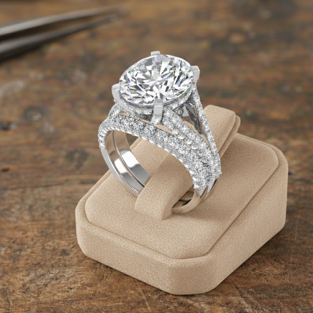Large Oval Natural Diamond Wedding Ring Set with Band Authentic