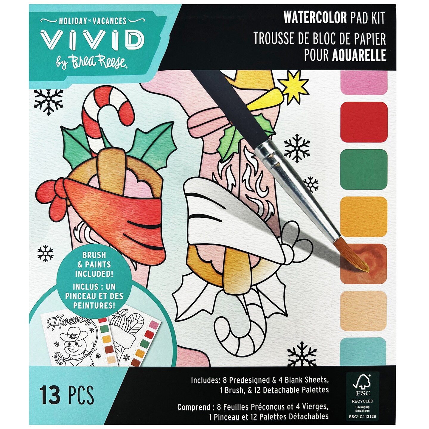 Vivid by Brea Reese: Watercolor Pad Kit - Boots & Bells - 8 Western Christmas Designs, 4 Blank Sheets, 12 Detachable Paint Palettes, DIY Art Activity