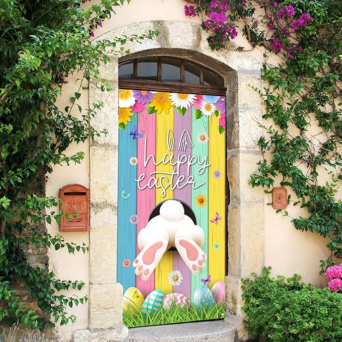 Easter Door Cover Bunny Egg Rabbit Decor Daisy Decorations Door Banner Farmhouse Holiday Decor Pattern Easter Season Supplies for Home Office