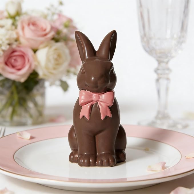 Easter Decoration Bunny Decor - Spring Easter Brown Rabbit Sculpture, Ceramic Statues with Pink Bow for Farmhouse Home Decor Tabletop Shelf Mantel Dining Table Centerpiece