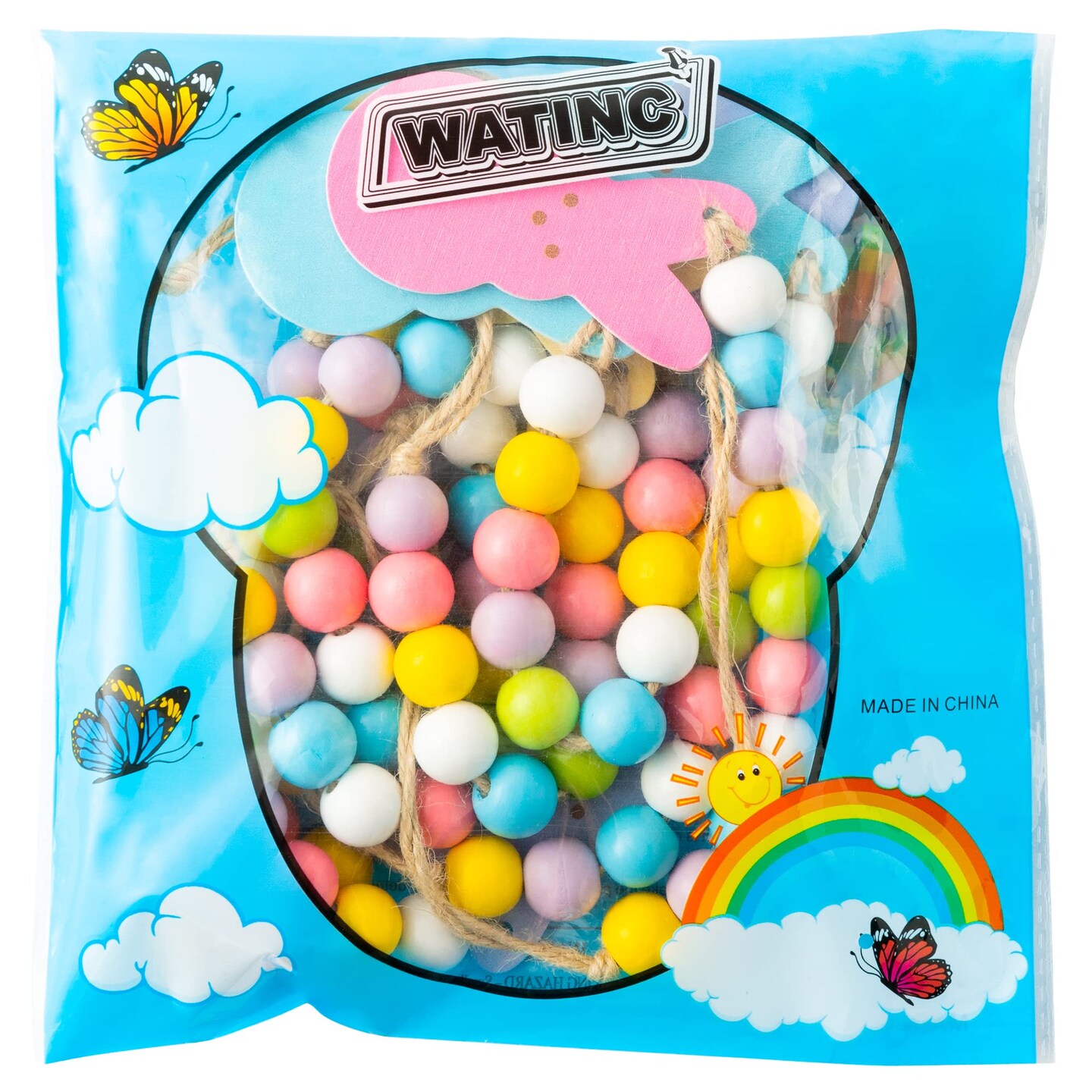 8pcs Easter Wood Bead Garland with Tassels, Peeps Bunny Wooden Hanging Ornament Decoration, Double-Sided Colorful Rabbit Pendant Hang Decor with Rope for Easter Spring Holiday Party Tree Wall