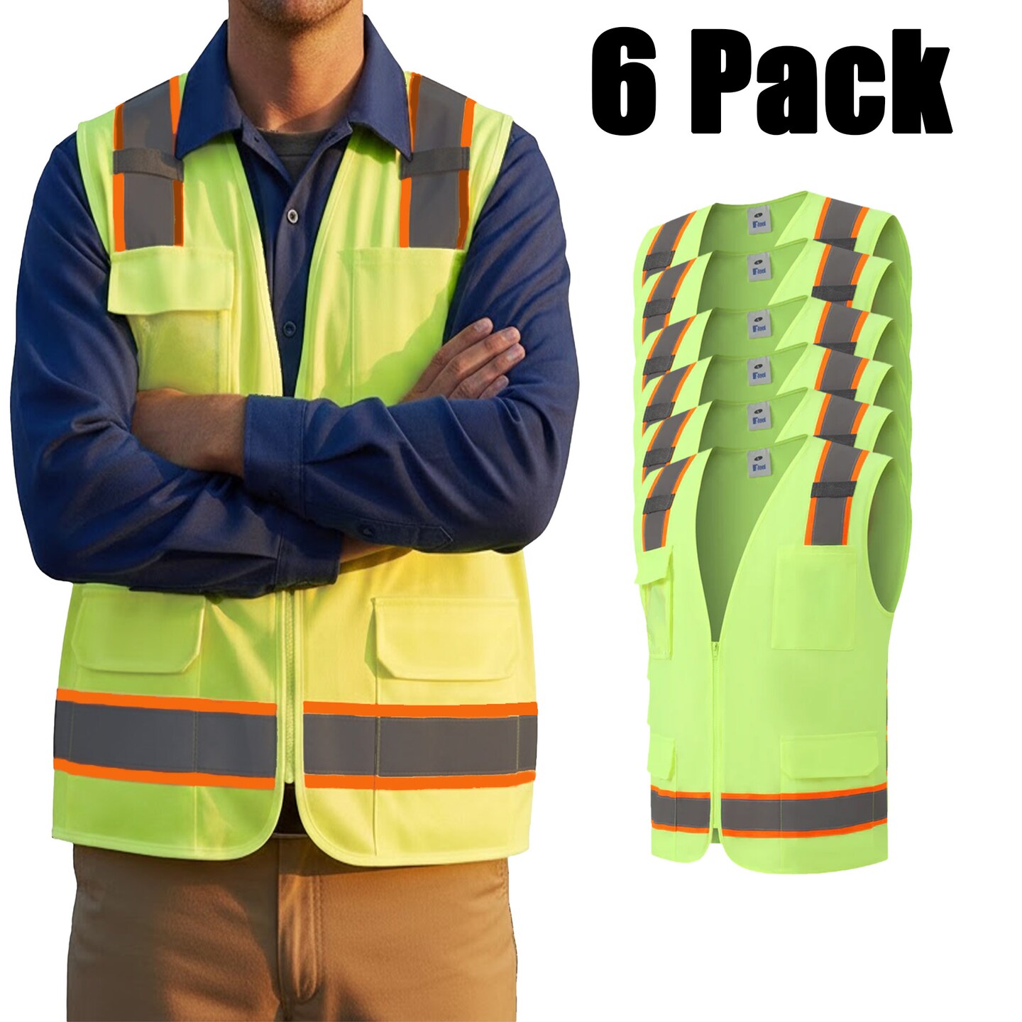 Zfeel ZF304 Customization-Ready Reflective Safety Vest, Neon Yellow, 6 Pack