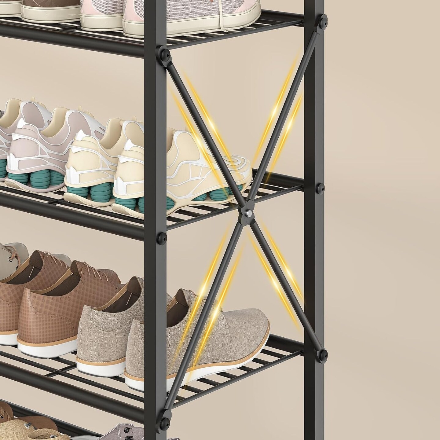 Rustic Brown-Black 8-Tier Engineered Wood and Metal Shoe Rack with Shelves