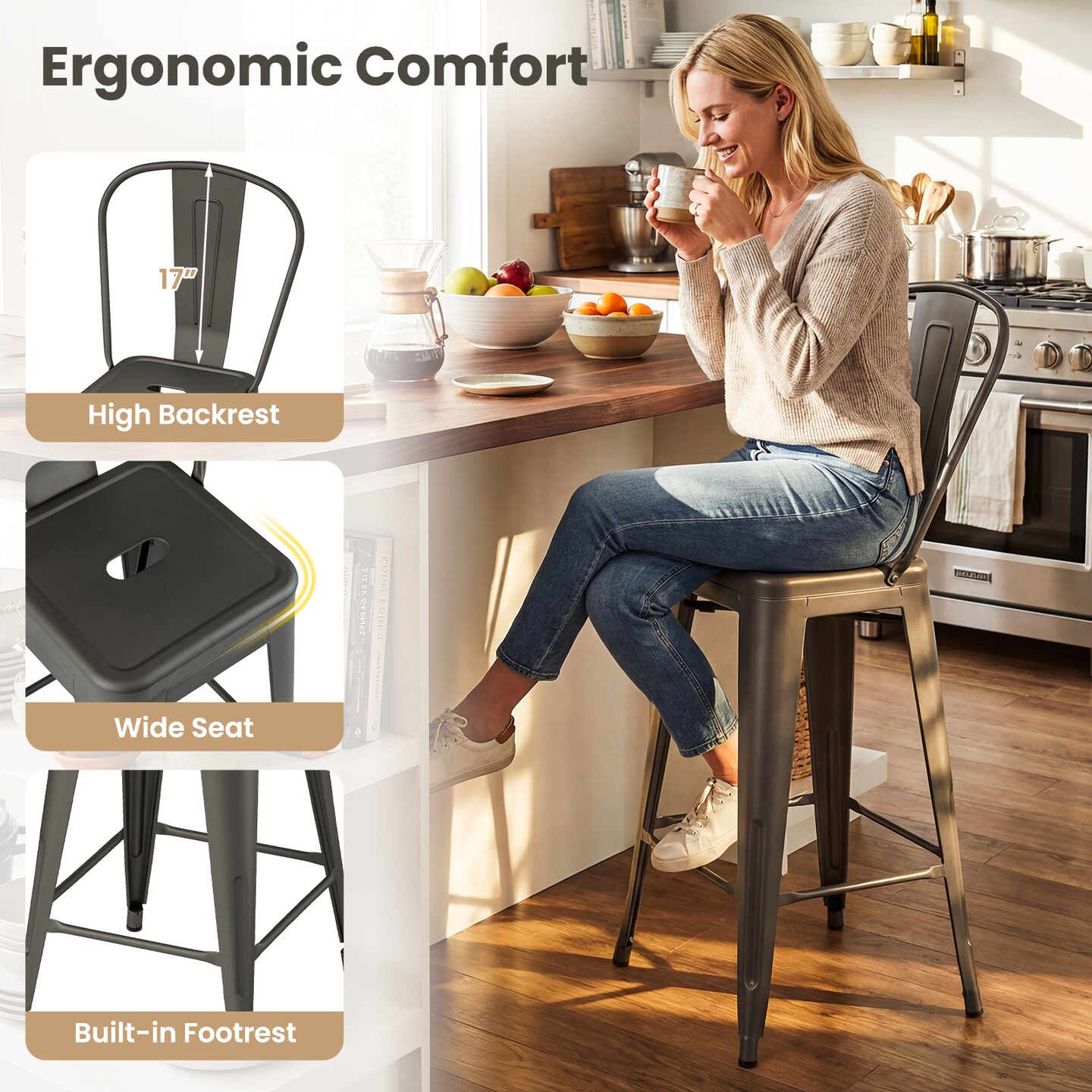 Metal Bar Stools Stackable Metal Counter Height Seats 24 Inch 4 Pack