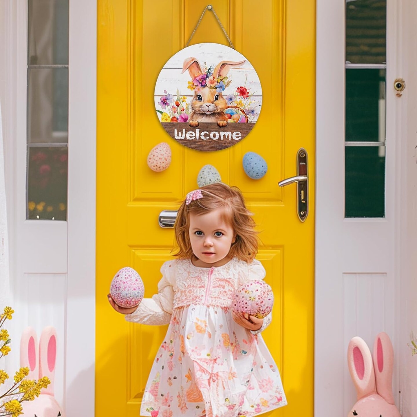 Easter Front Door Decorations – 3D Bunny Welcome Spring Wreath Wall Hanging Sign