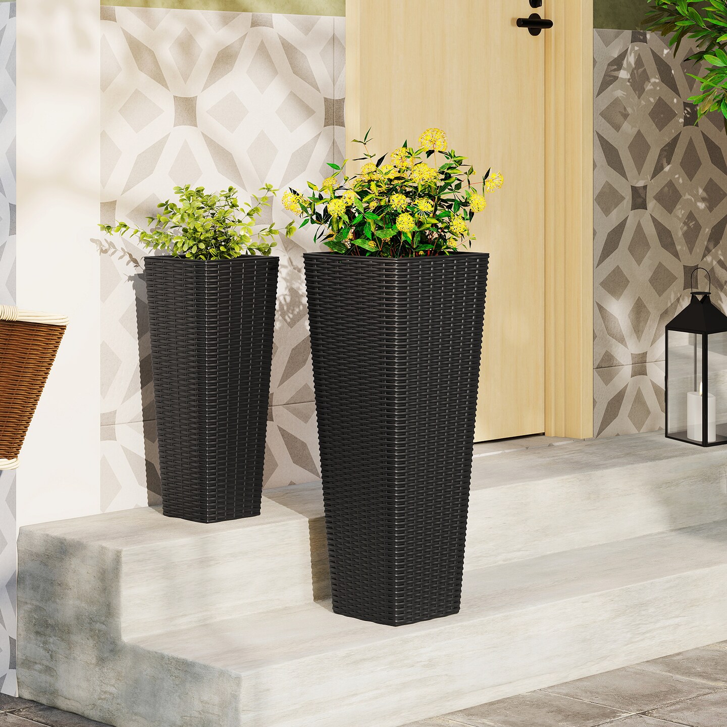Set of 2 Rattan Tall Outdoor Planters with Removable Inner Trays