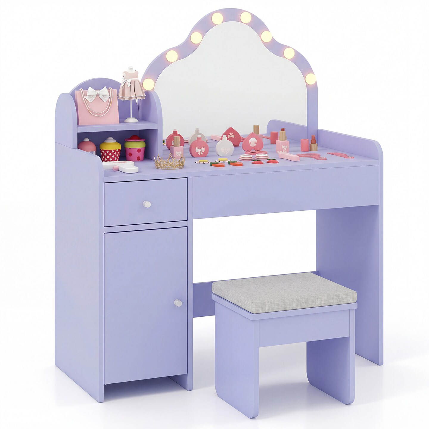 Purple Kids Vanity Table With Mirror Light Up Desk Large Storage Stool Set