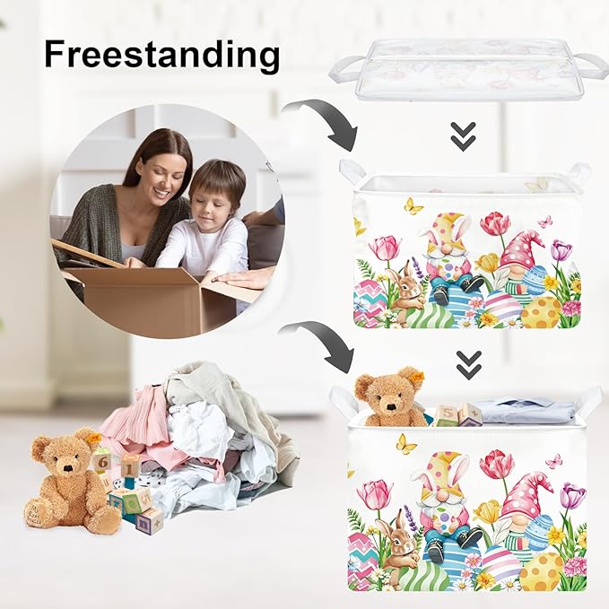 Large Egg Rabbit Easter Basket Stuffers Butterfly Tulips Baby Gift Basket Empty Toy Nursery Bin Collapsible Spring Flower Clothes Storage Organizer for Bedroom,Gnome,40x30x30 cm