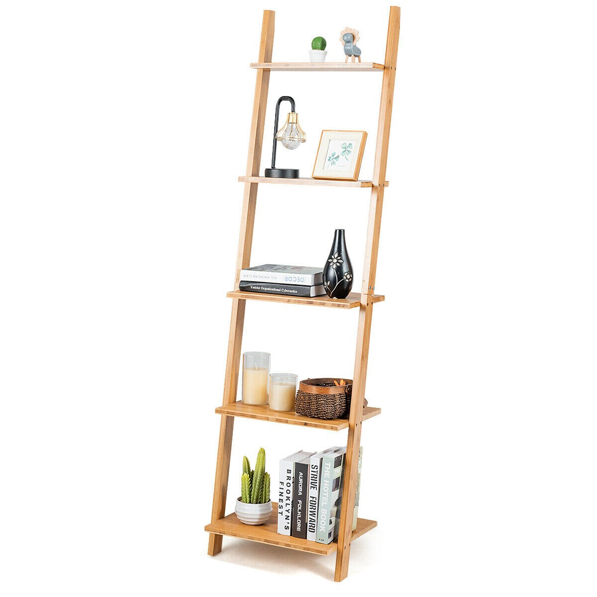 Natural Modern Wicker Leaning Ladder Bookshelf with 5 Shelves