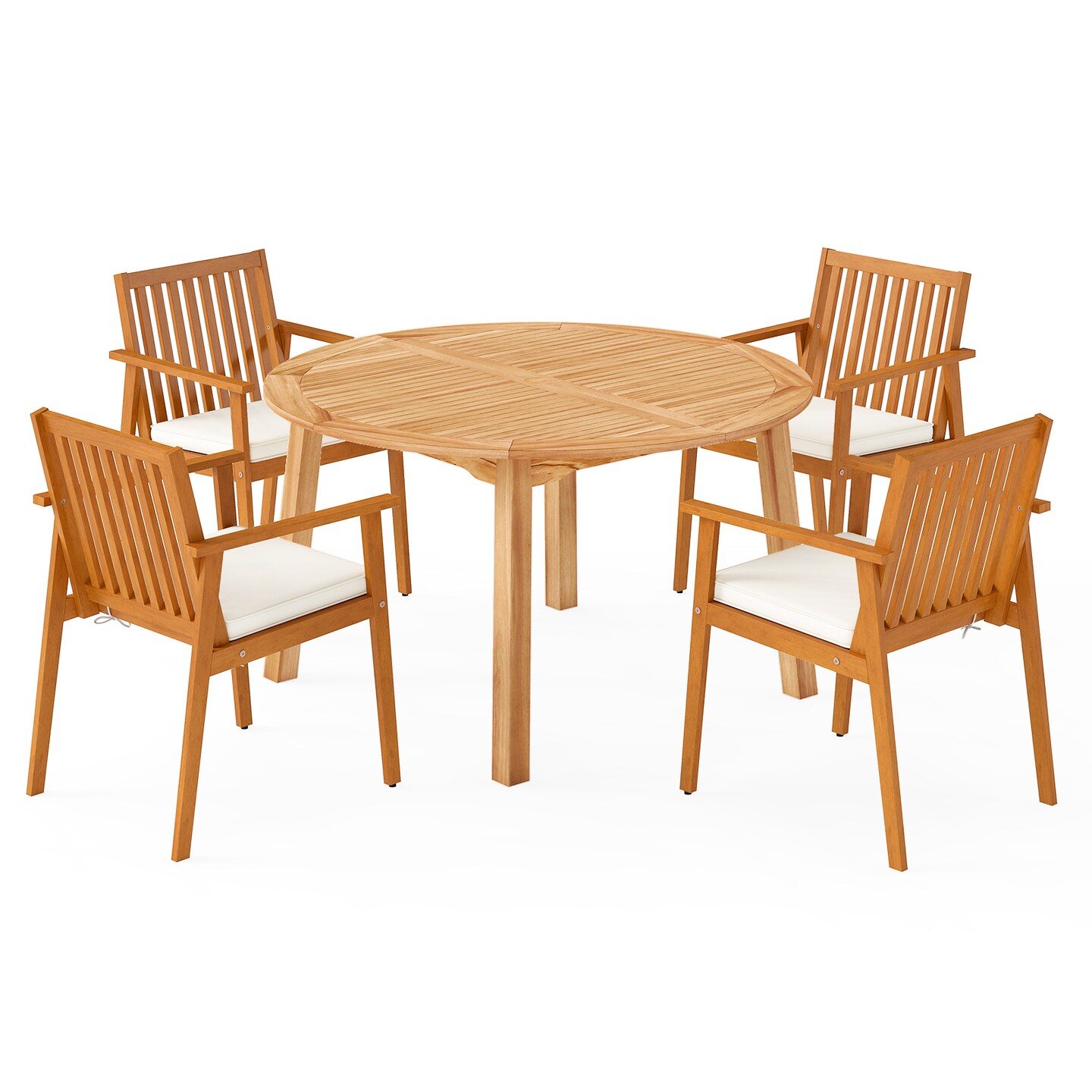 4-Piece Outdoor Patio Dining Set Round Acacia Wood Table Off White Cushions