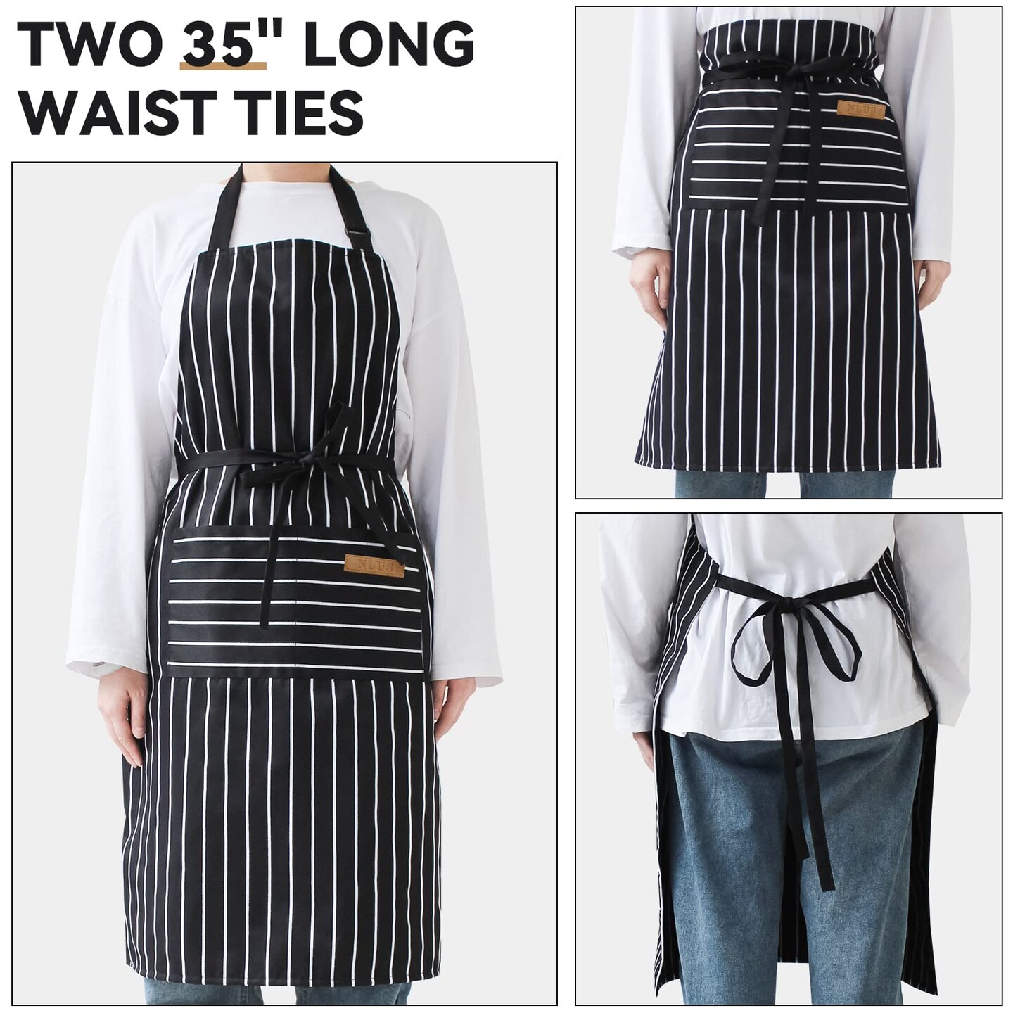 2 Pack Kitchen Cooking Aprons, Adjustable Bib Soft Chef Apron with 2 Pockets for Men Women(Black/Brown Stripes)