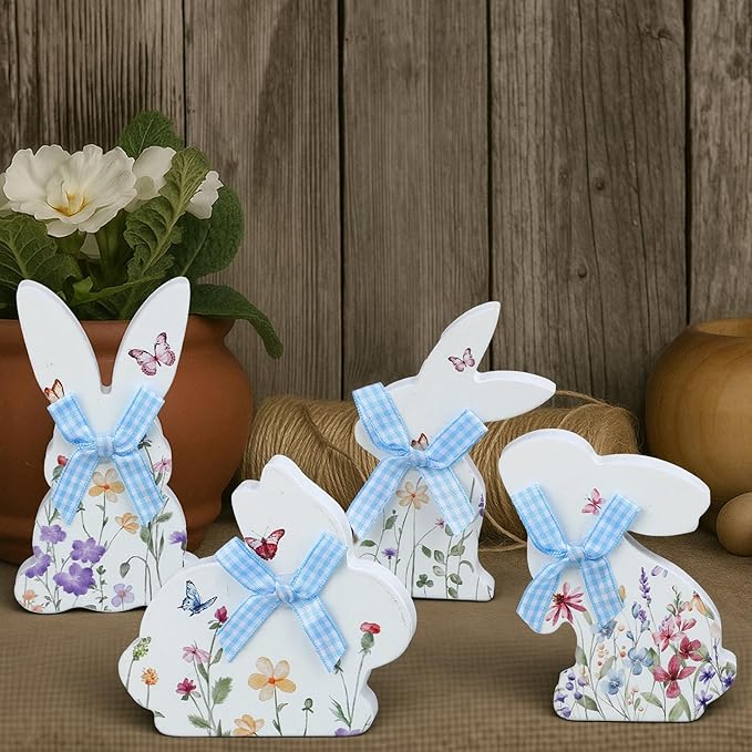 4 Pcs Easter Bunny Decor Wildflower Floral Wooden Table Signs with Blue Bow Rabbit Shaped Tabletop Centerpieces Tiered Tray Decor for Spring Easter Home Office Indoor Decoration