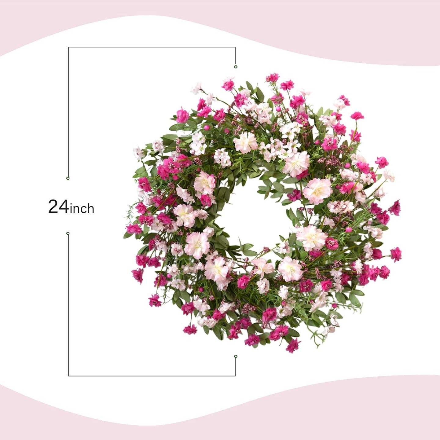 24" Spring Bloom Wreath for Front Door – Artificial Pink Cosmos, Wildflowers & Cherry Blossom Floral Wreath for Farmhouse Indoor/Outdoor Porch Décor