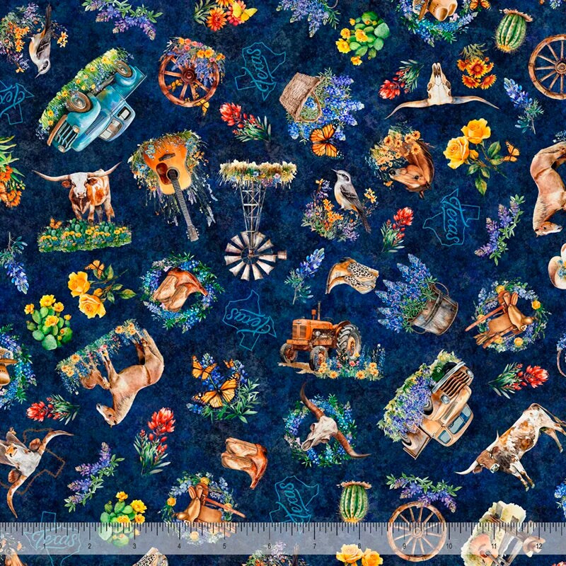 ATXSH Texas Vignettes Toss Navy Cotton 44"/45" Fabric Per Yard