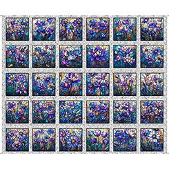 Gray Mosaic Blooms Stained Glass Floral Picture Panel Cotton 44/45 Fabric Per Yard