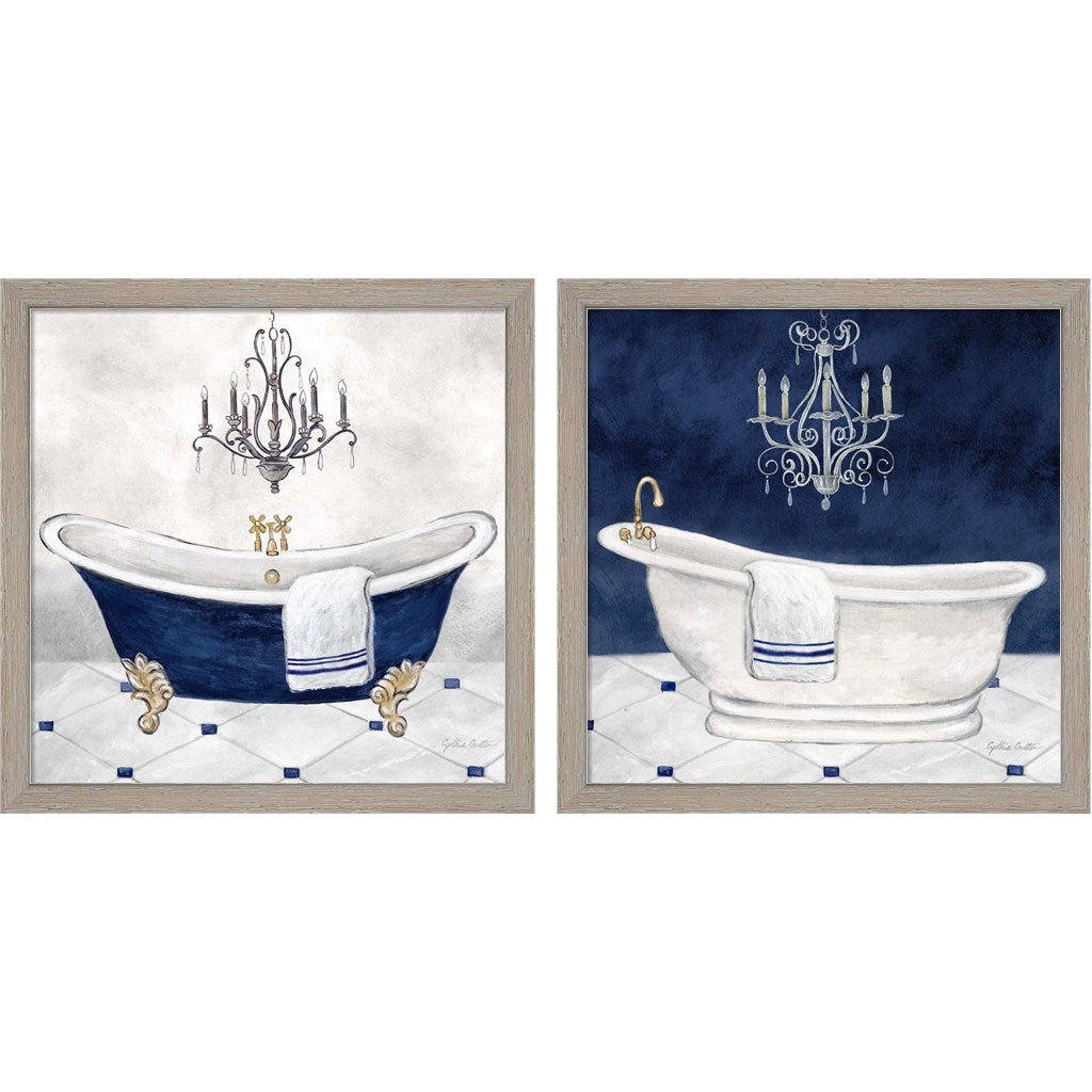 Navy Blue Bath by Cynthia Coulter, 2 Piece Rustic White Framed Art Set