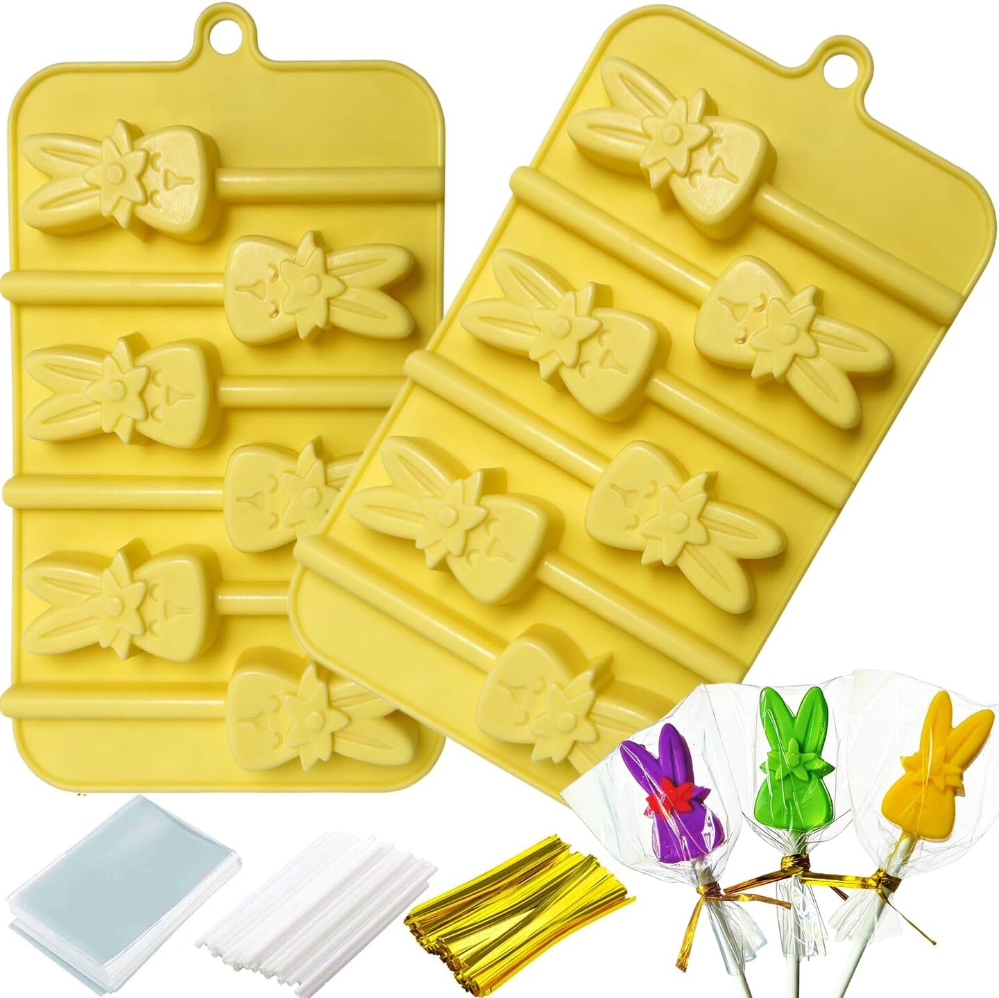 2-Pack Easter Bunny Lollipop Molds with 300 Sticks, Bags & Twist Ties – Silicone Candy & Cake Pop Molds for Chocolate, Hard Candy, DIY Easter Treats
