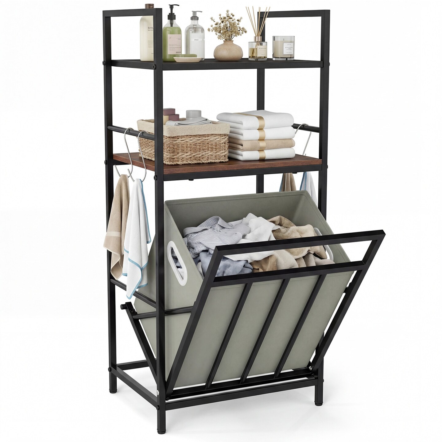Black Rustic Brown Laundry Hamper with Tilt Out Basket Shelves and Laundry Bag