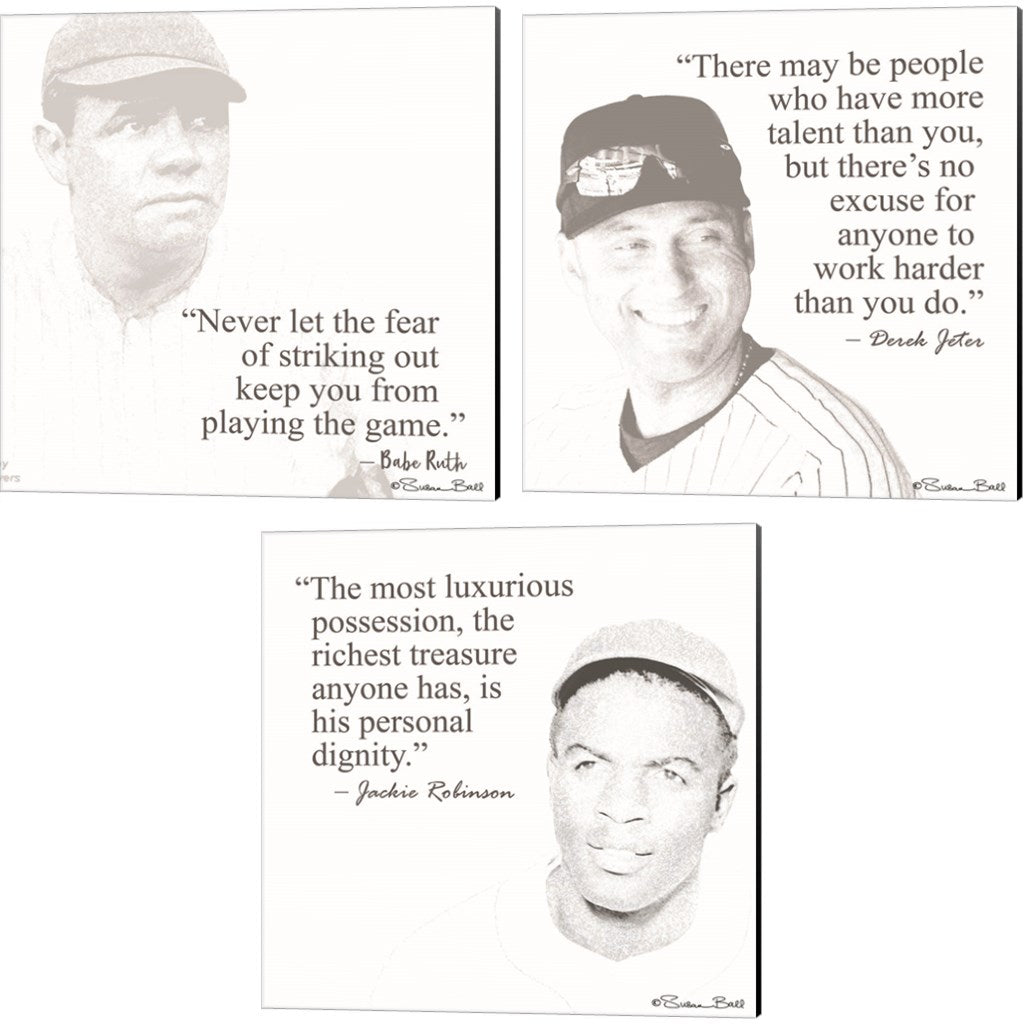 Baseball Greats - Derek Jeter, Babe Ruth & Jackie Robinson by Susan Ball, 3 Piece Canvas Art Set