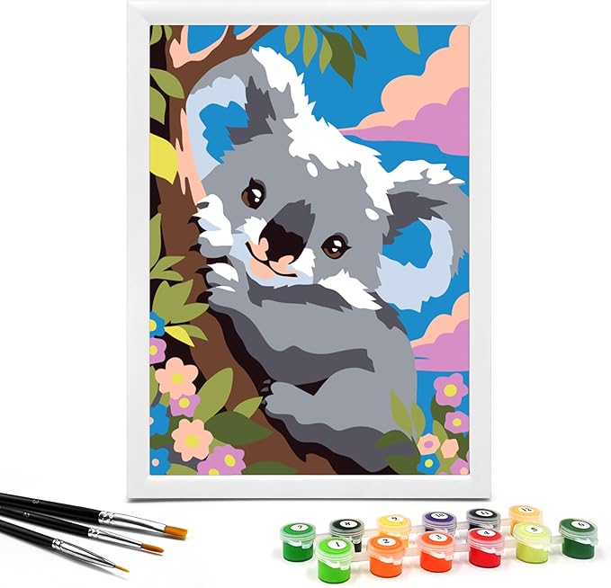 Paint by Numbers for Kids Ages 4-8 with 7X9.5 inch Pre-Printed Cardboard,12 Acrylic Paint Pots and 3 Painting Brushes, Craft Gift Room Decor for Children,(Adorable Koala)