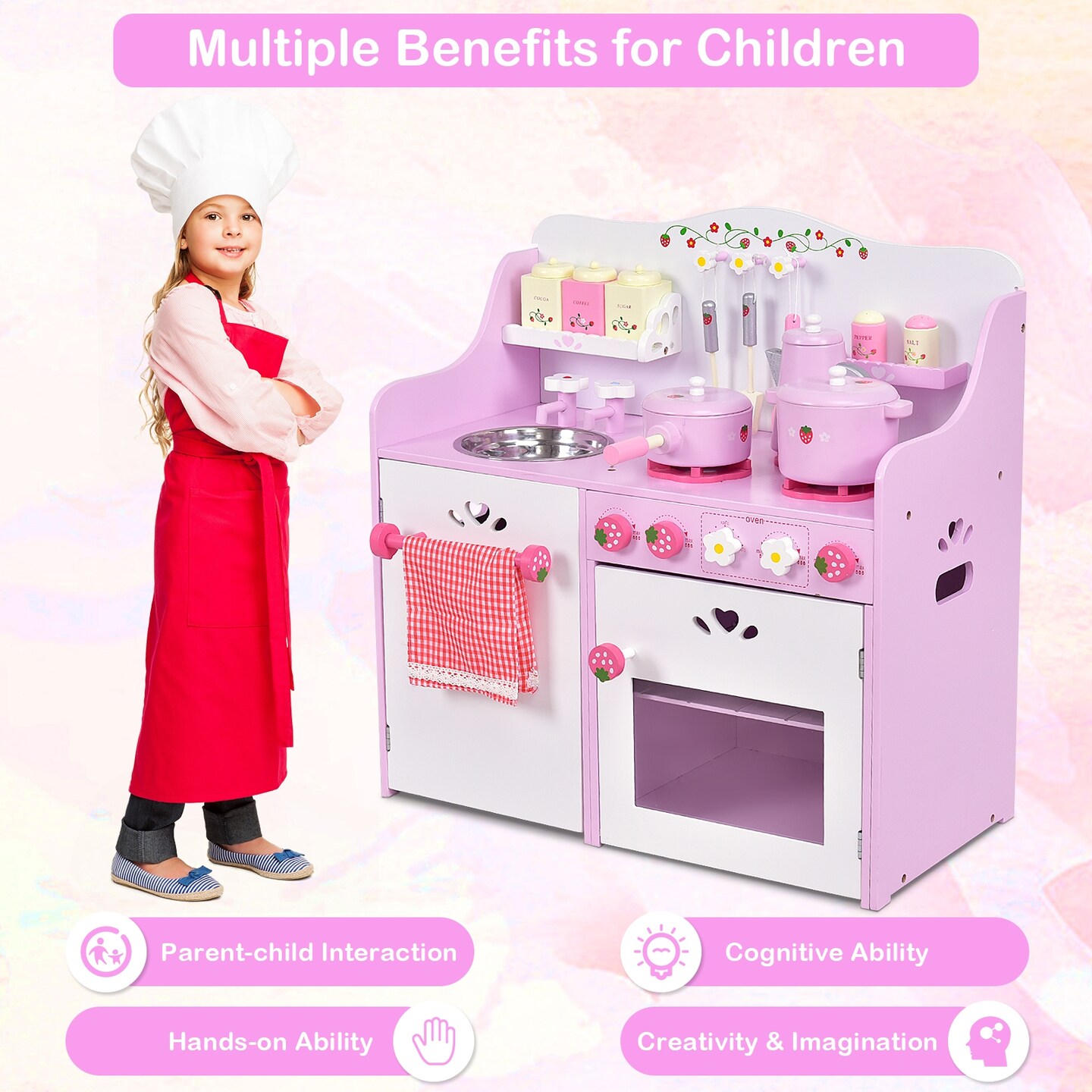 Pink -White Wooden Kids Kitchen Play-set Strawberry Cooking Toy