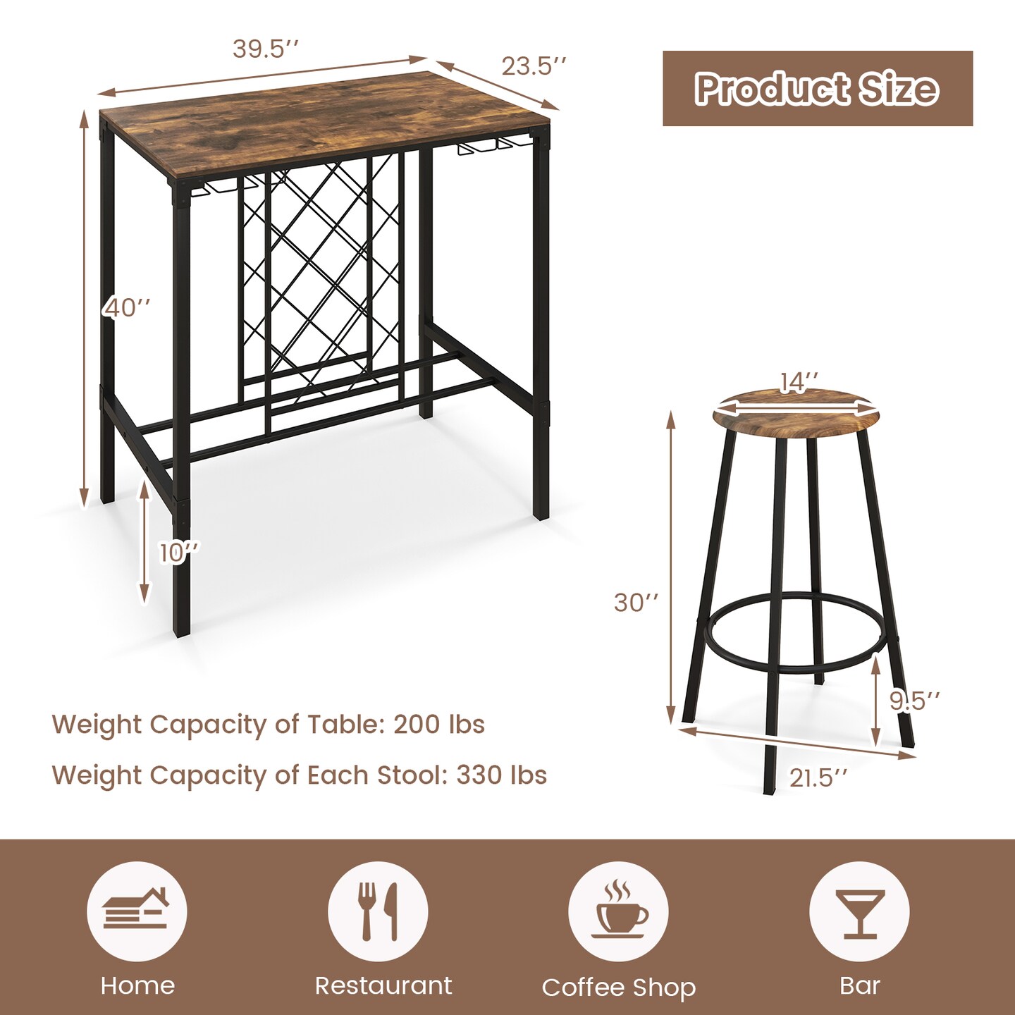 Bar Table Set 5-Piece with Stools, Wine Storage, and Glass Rack