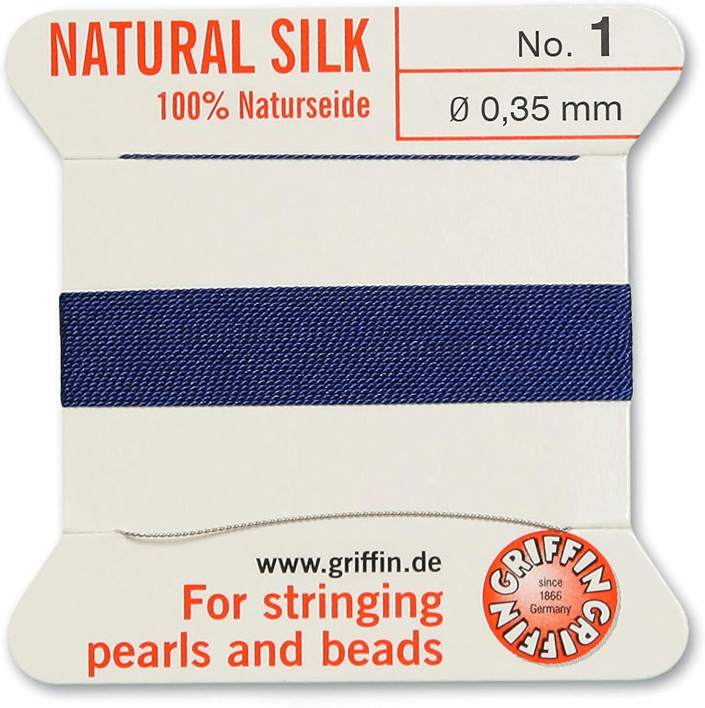 Griffin Silk Bead Cord Perlseide – Size 1 (0.35mm) – 2 Meters per Card – Stainless Steel Needle Attached – for Knotting Pearls, Gemstones, Crystals and Beads