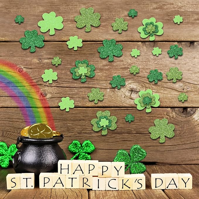300 Pieces Green Glitter Shamrock Foam Stickers for St Patrick's Day - Lucky Clover Foam Stickers for Kids, St. Patricks Day Irish Party Decoration Craft Supply Self Adhesive Seals for Window Wall