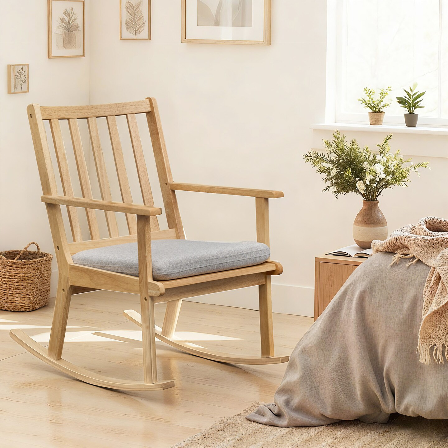 Natural Grey Wooden Rocking Chair with Cushion Indoor Ergonomic Design