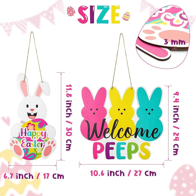 Easter Welcome Door Signs - 2Pcs Welcome Peeps Easter Bunny Wooden Front Hanging Door Sign Decorations Spring Colorful Rabbit Indoor Outdoor Farmhouse Porch Wall Fireplace Decor Spring Gifts
