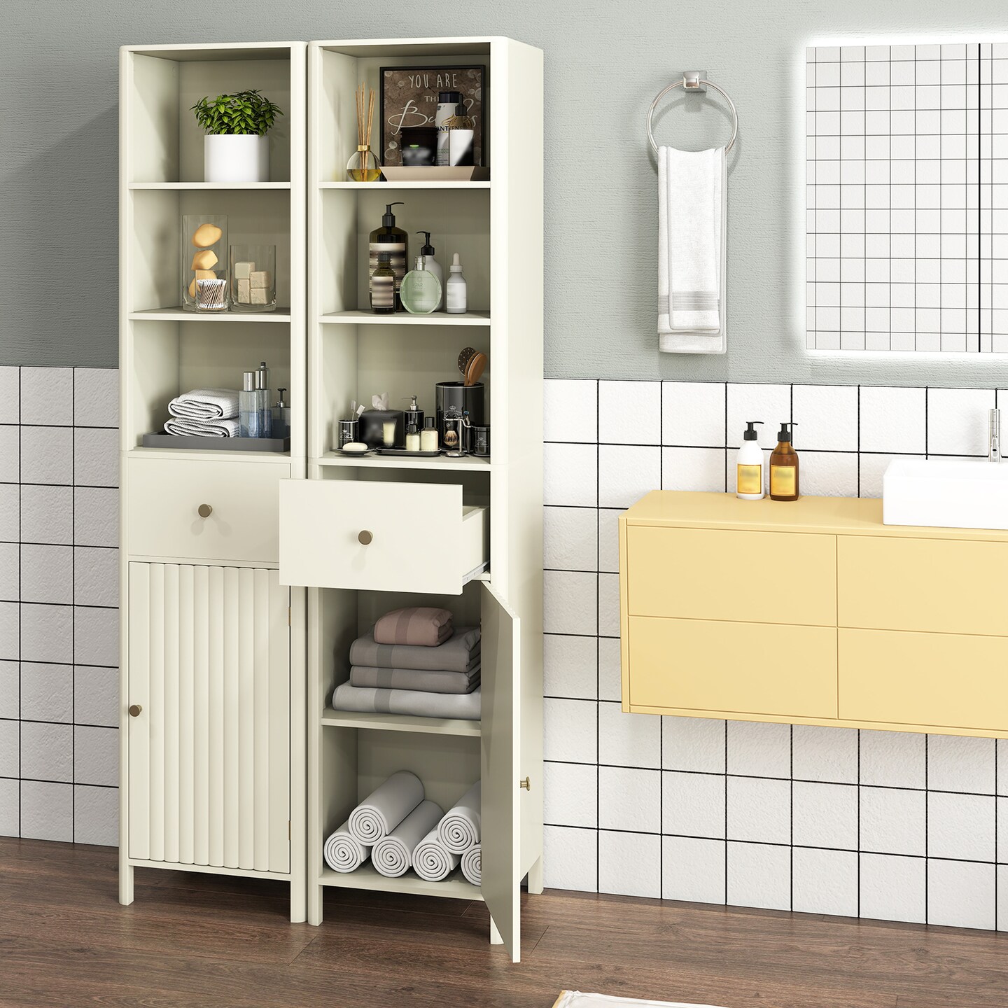Beige Tall Bathroom Storage Cabinet Narrow MDF with Drawer Shelves and Door