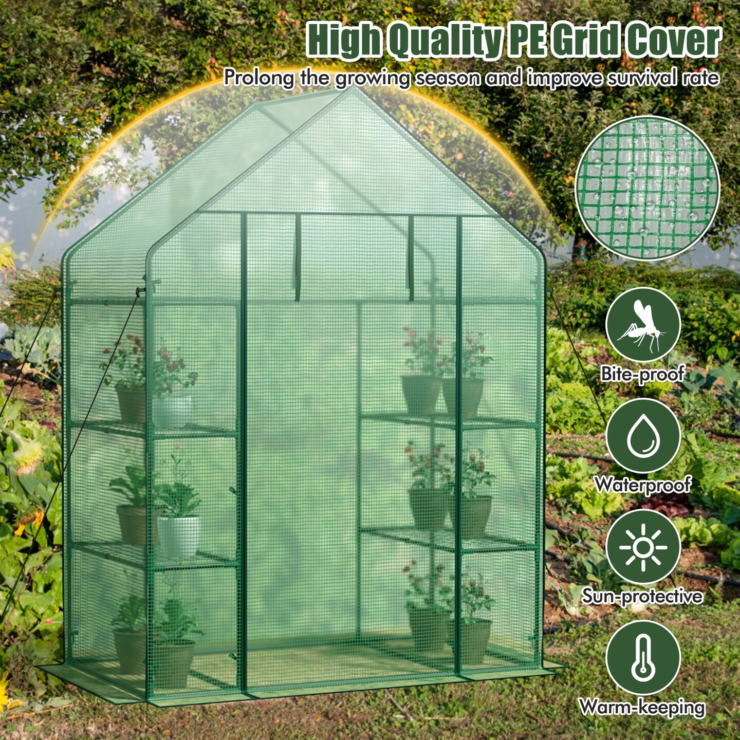 Green Portable 4-Tier Walk-In Plant Greenhouse with 8 Shelves