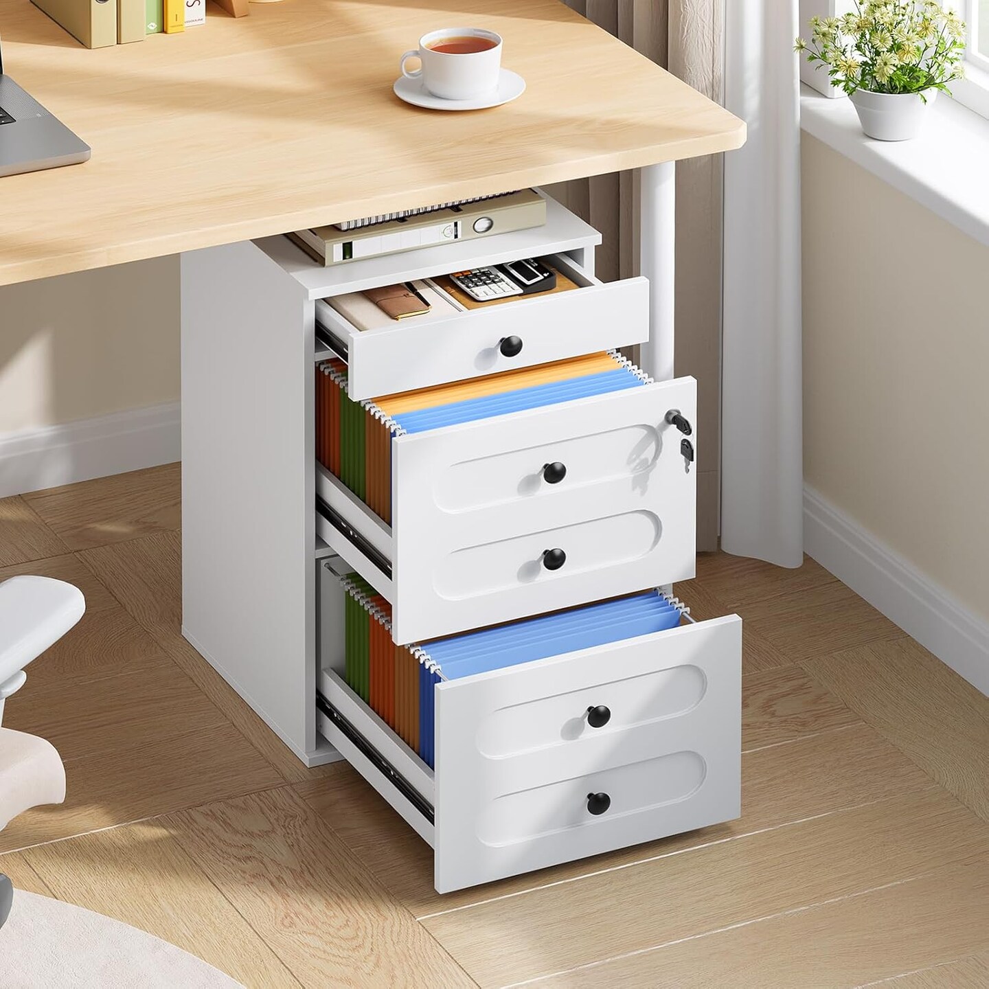 White Engineered Wood 3-Drawer File Cabinet with Wheels and Lock