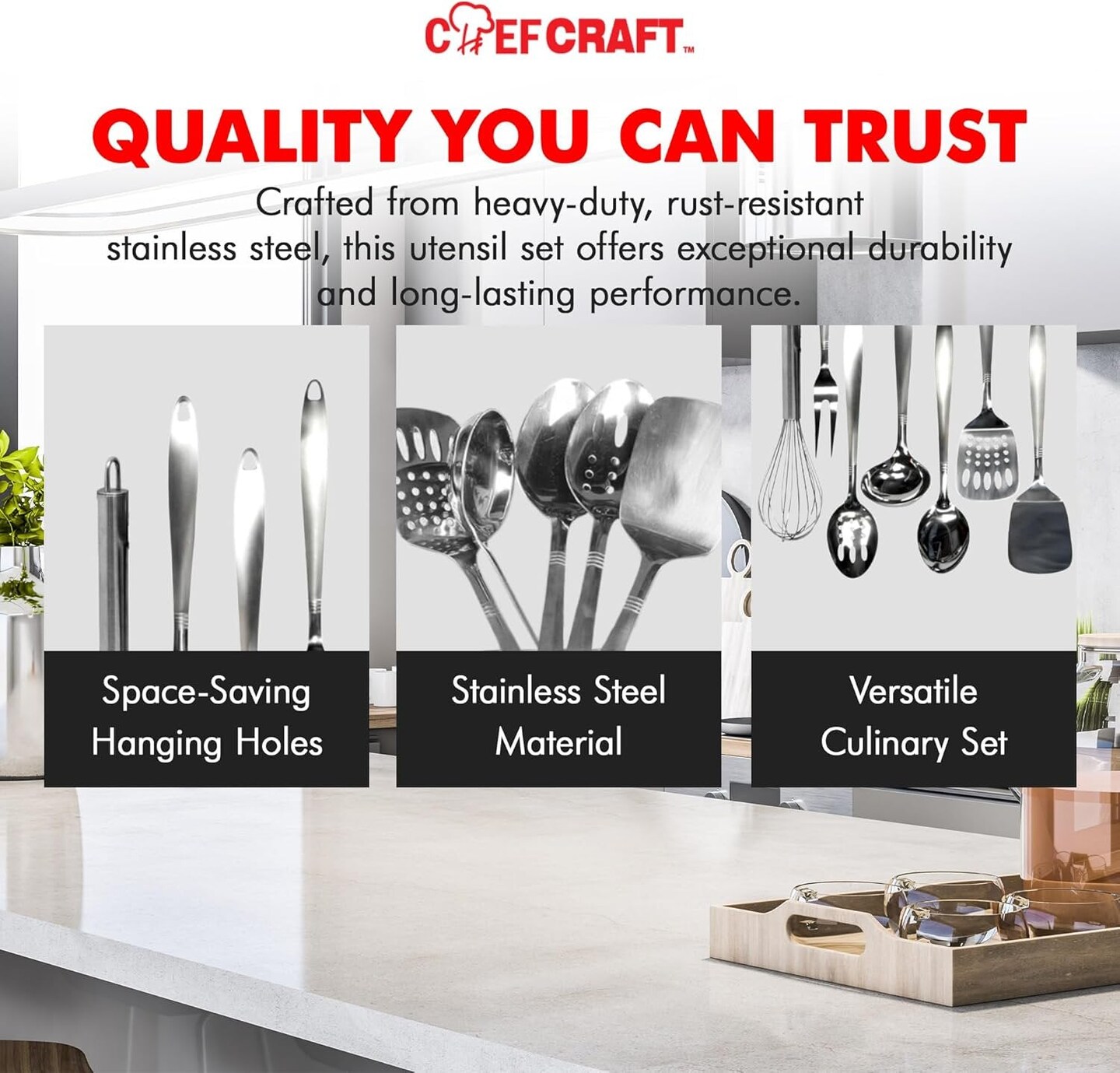Chef Craft 6pc Stainless Steel Kitchen Cooking Tool Set - Solid Turner, Slotted Turner, Basting Spoon, Slotted Spoon, Serving Fork & Ladle