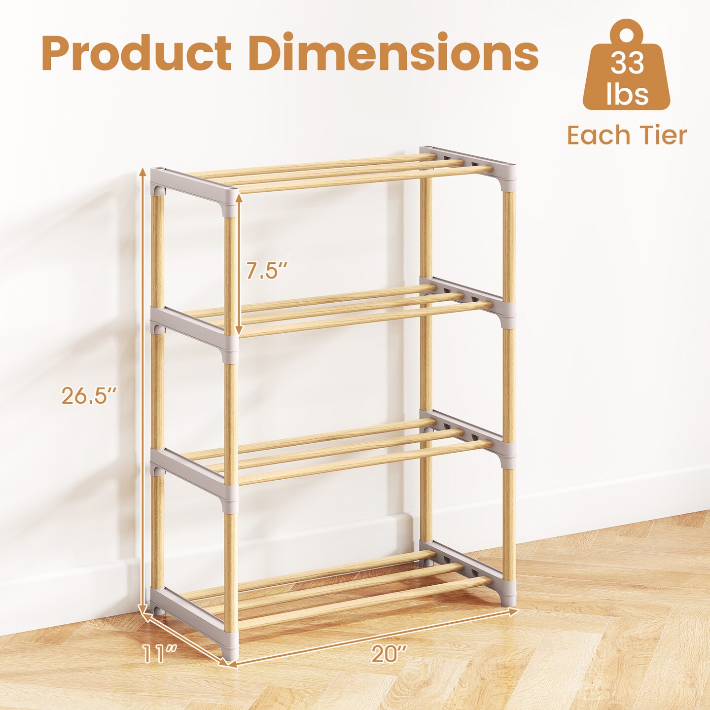Natural Grey 4-Tier Shoe Rack Pine Wood Stackable Storage Organizer