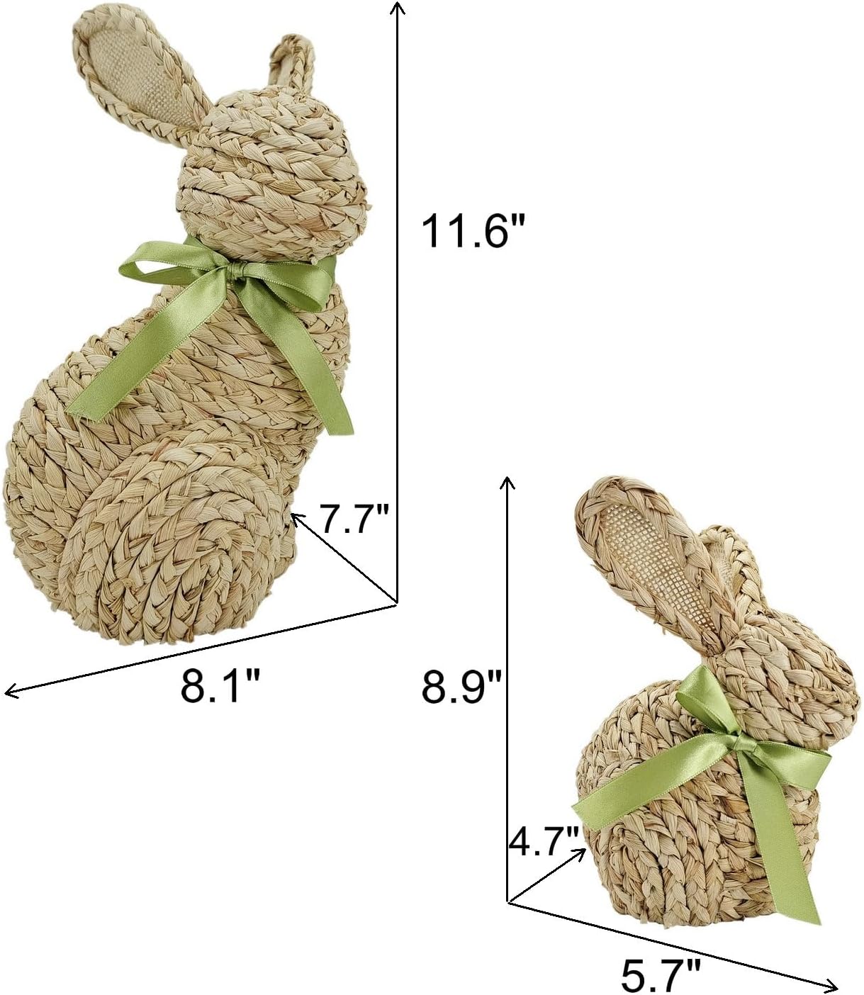 12 & 9-Inch Cornhusk Bunny Easter Decor – Set of 2 Natural Woven Bunny Figurines with Spring Bow, Farmhouse Easter Decorations for Home, Table Centerpieces, and Spring Display