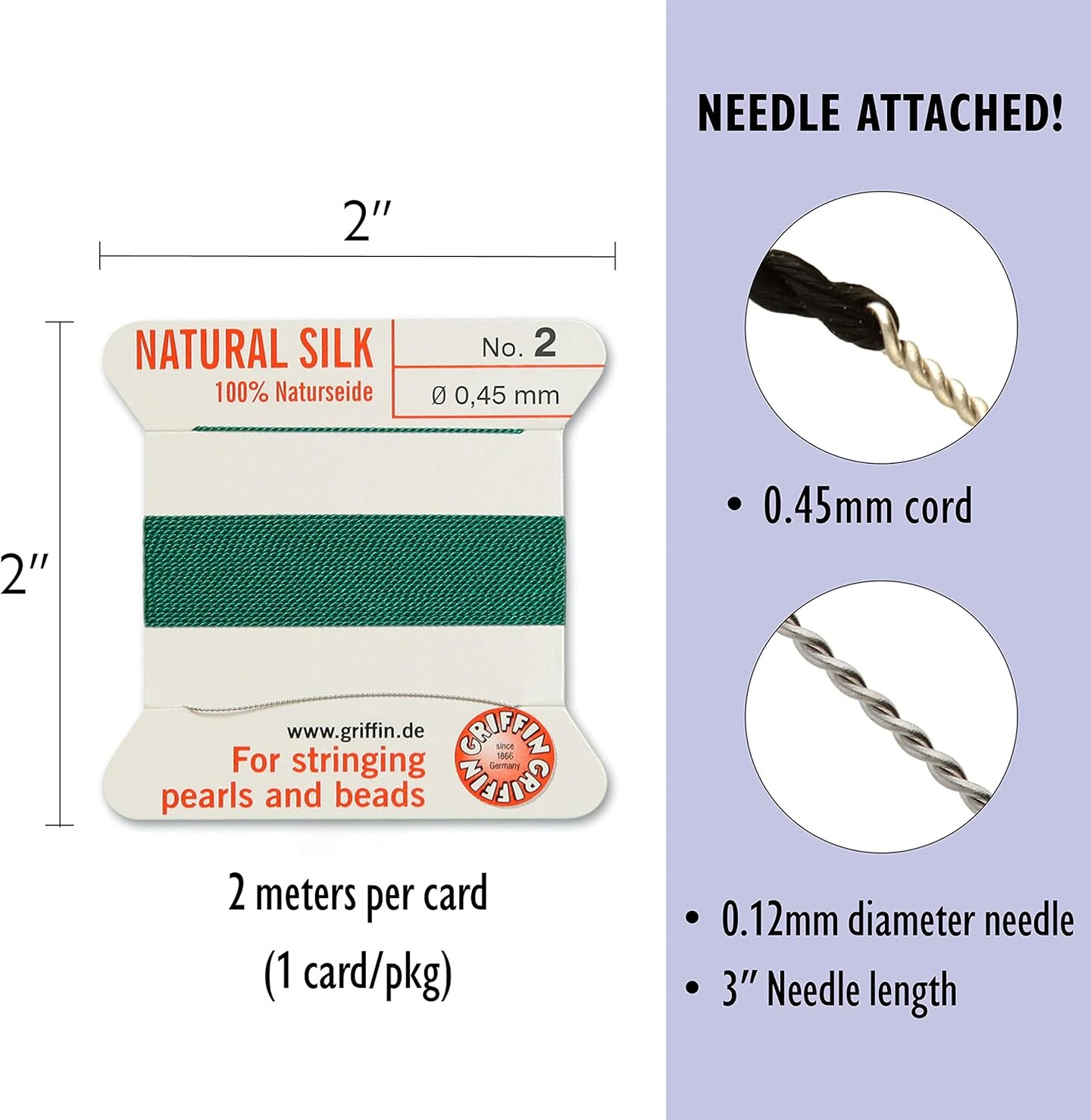 Griffin Silk Bead Cord Perlseide – Size 2 (0.45mm) – 2 Meters per Card – Stainless Steel Needle Attached – for Knotting Pearls, Gemstones, Crystals and Beads