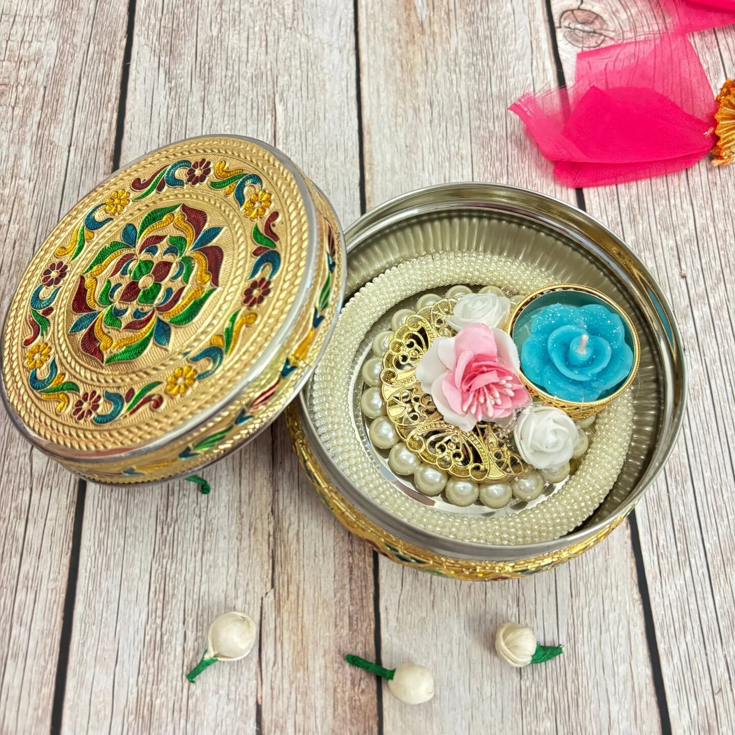 Diwali Gift Hamper Premium Deepawali Return Gift Box with Stainless Steel Sweet Box, Candle Holder Chocolates Navratri Hampers for Employees Friends Relatives - Corporate Gifts