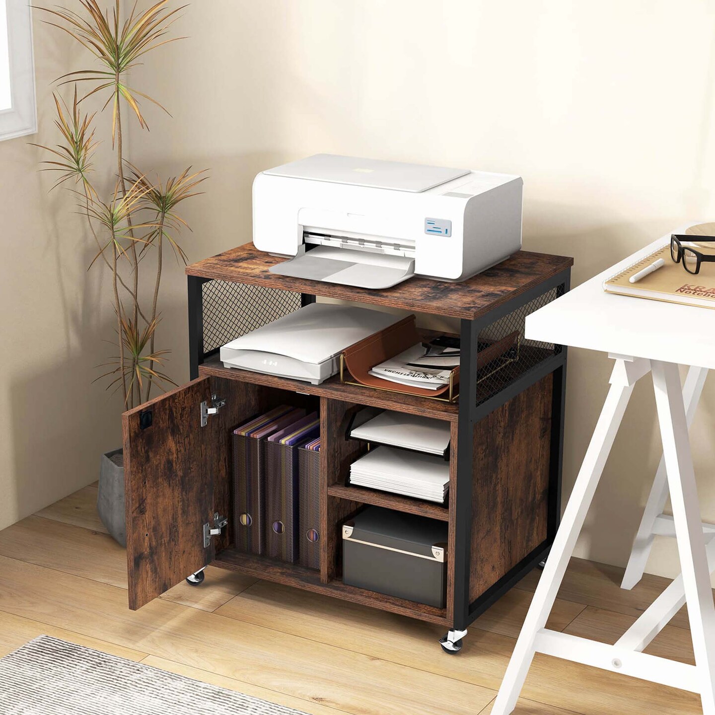 Costway File Cabinet on Wheels with Charging Station & Cable Management Hole Shelves Brown/Grey