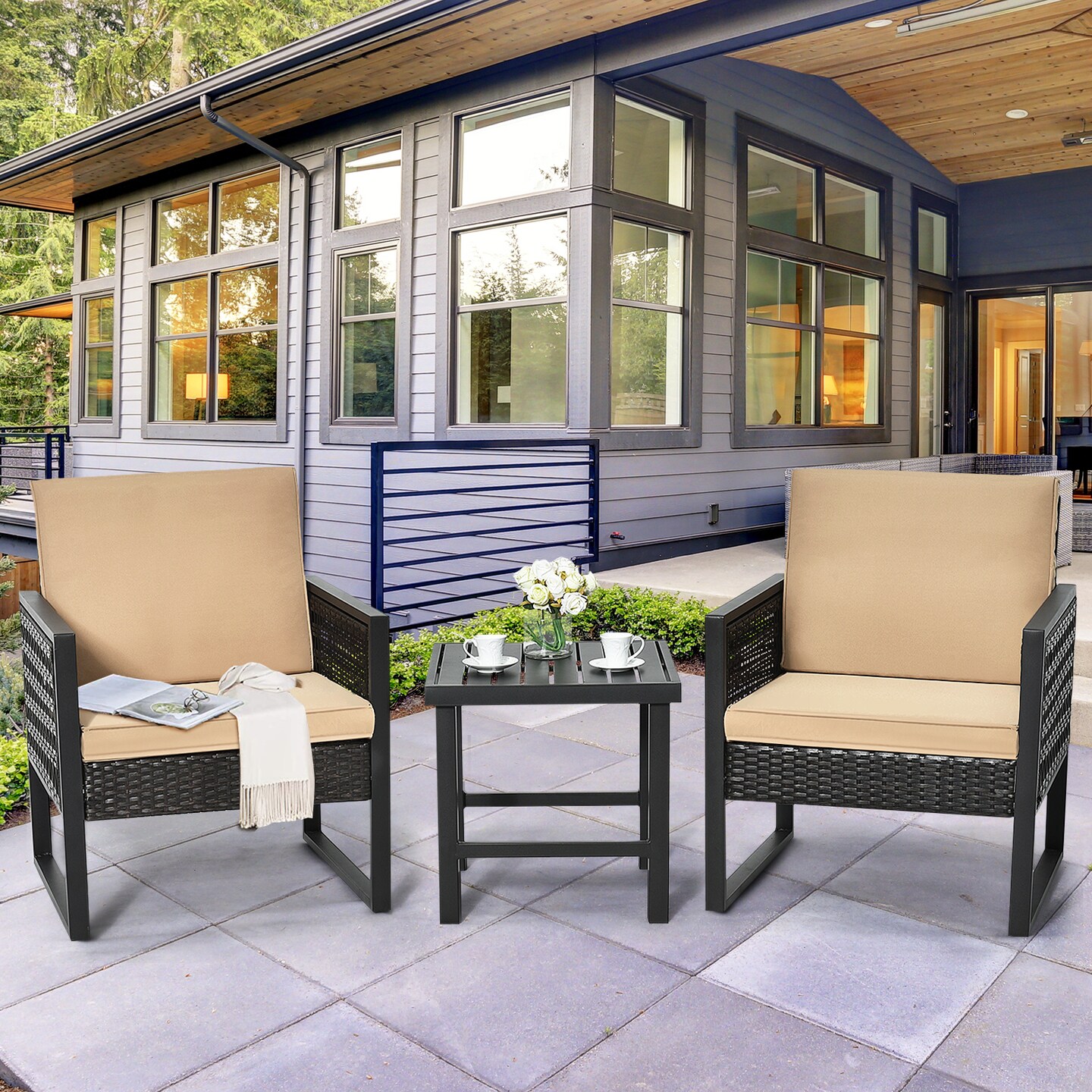 3 Pieces Beige Rattan Outdoor Patio Sofa Set with Cushions and Steel Table