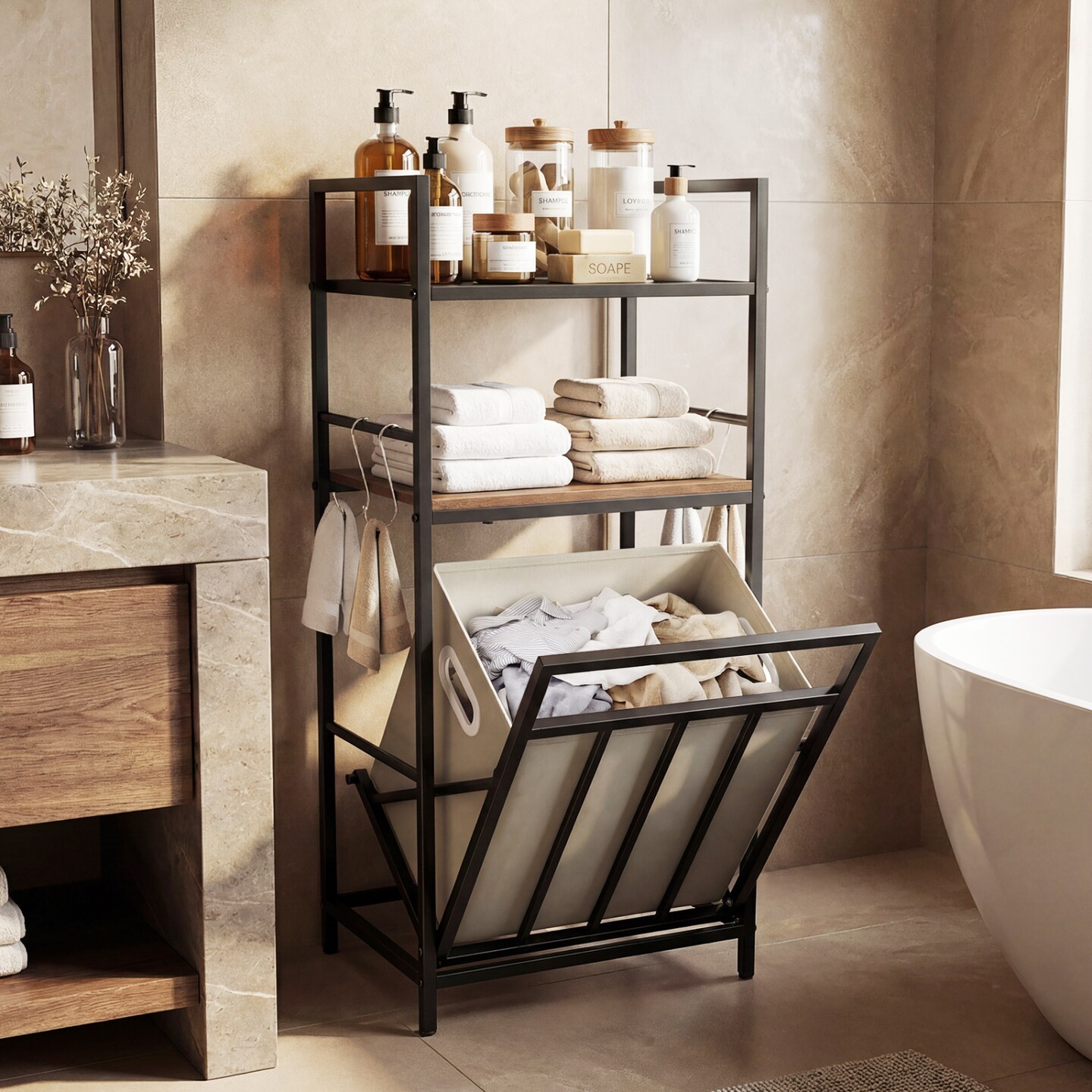 Black Rustic Brown Laundry Hamper with Tilt Out Basket Shelves and Laundry Bag